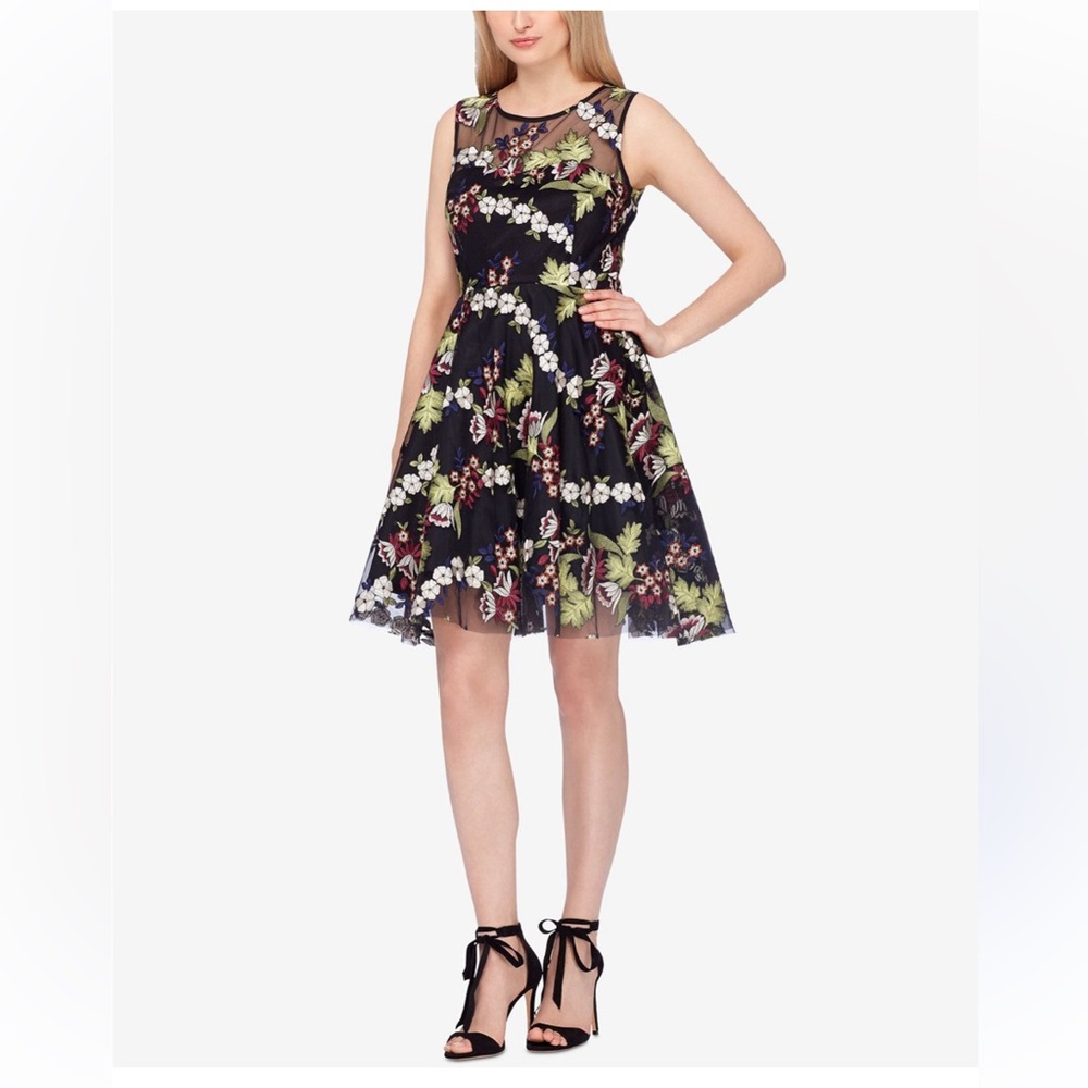 Tahari Size12 Embroidered Mesh Floral Dress Fit and Flare